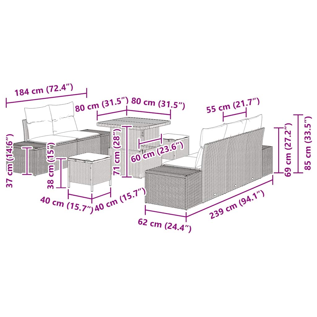 Set Divano da Giardino con cuscino 8 pcs Nero Poly Rattan - homemem39