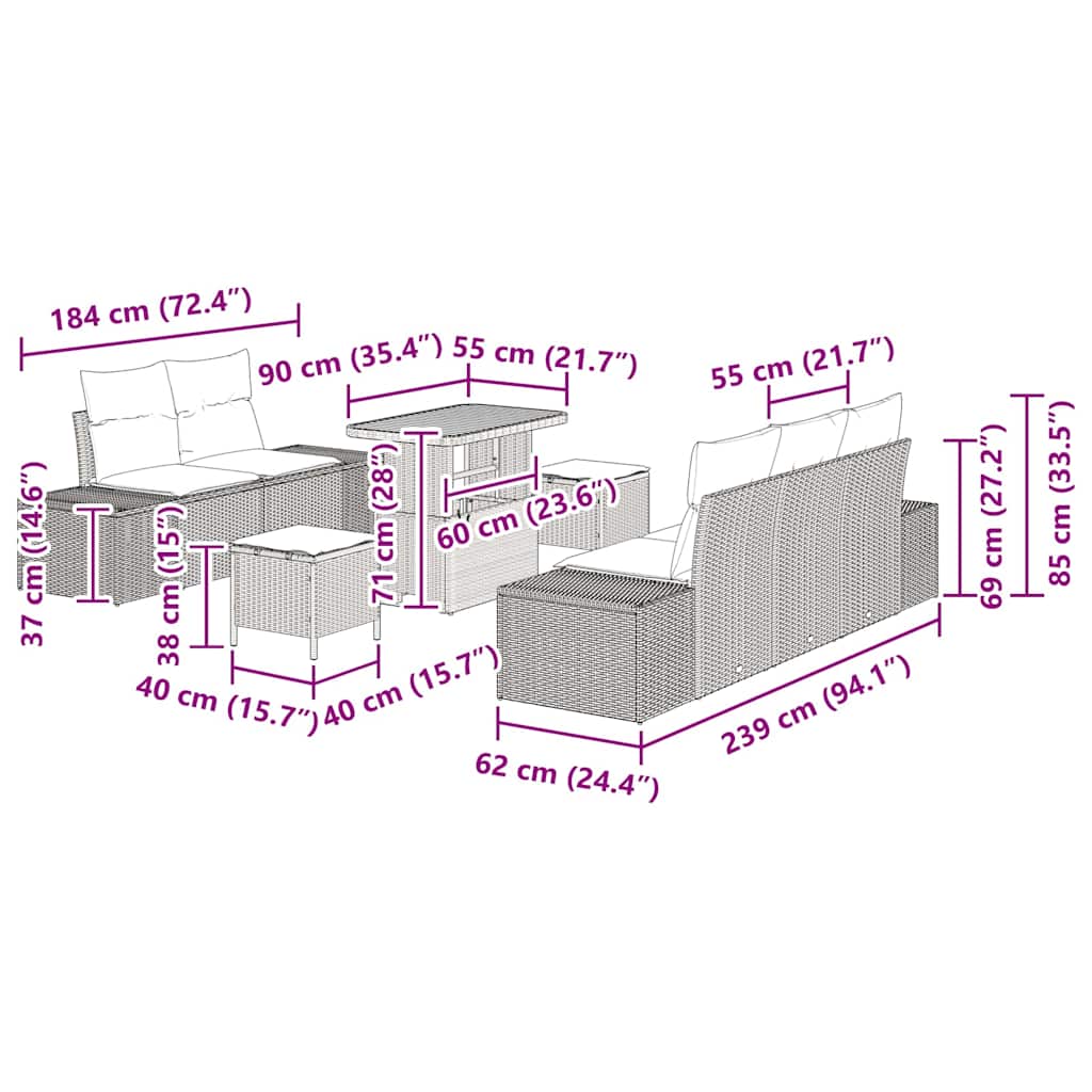 Set Divano da Giardino con cuscino 8 pcs Nero Poly Rattan - homemem39