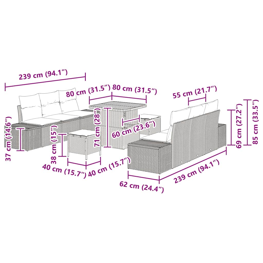 Set Divano da Giardino con cuscino 9 pcs Grigio polyrattan | homemem39