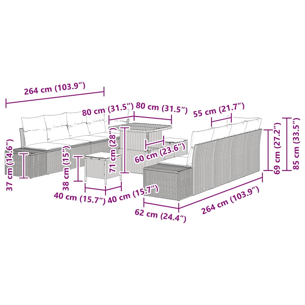 Set Divano da Giardino con cuscino 11 pcs Nero Poly Rattan - homemem39