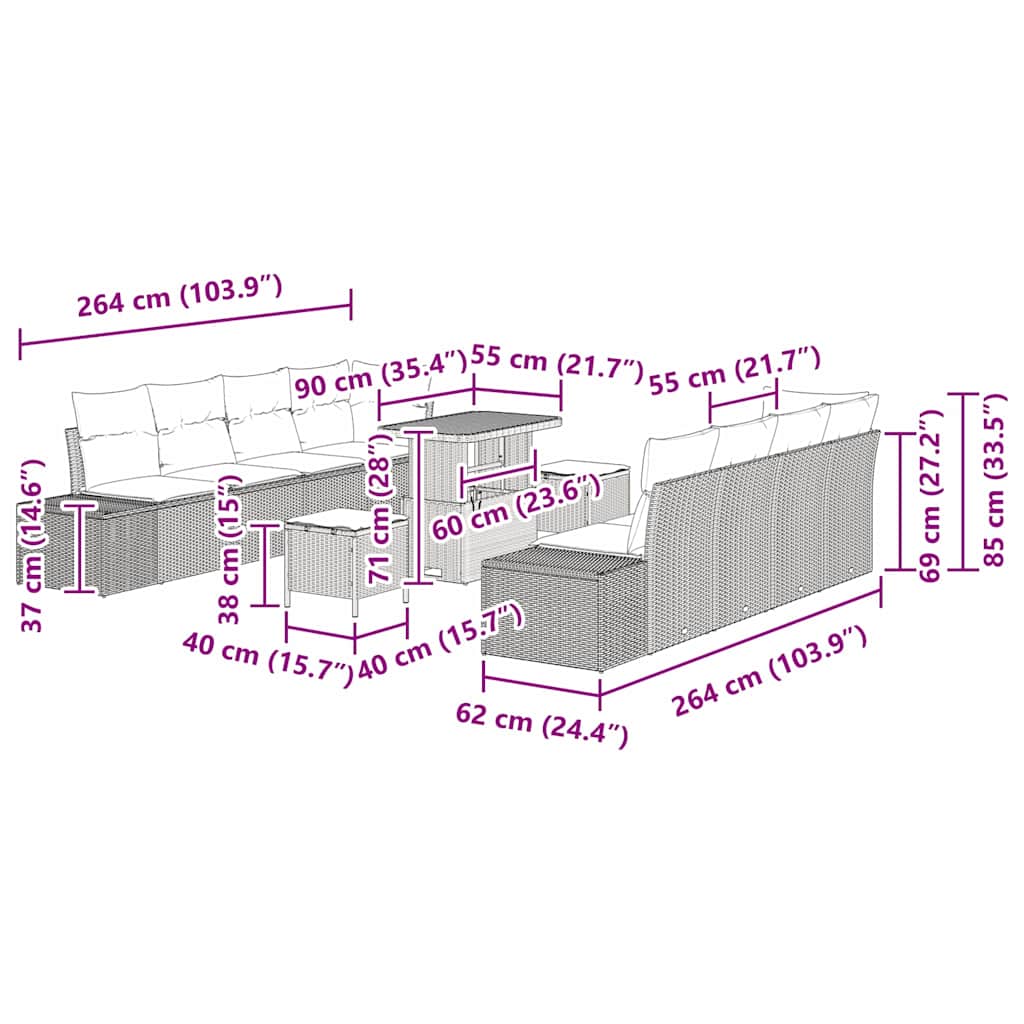 Set Divano da Giardino con cuscino 11 pcs Grigio Poly Rattan - homemem39