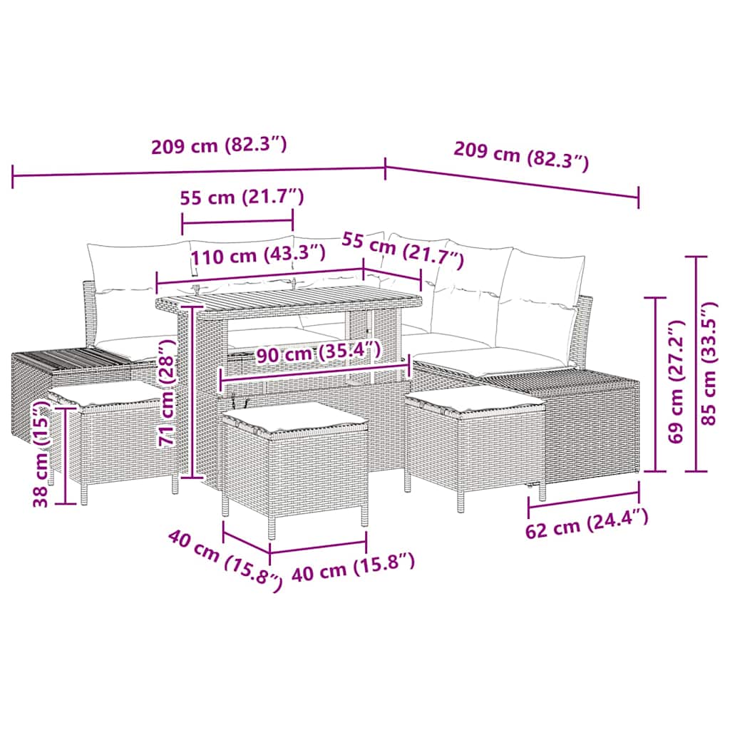 Set Divano da Giardino con cuscino 9 pcs Beige Poly Rattan - homemem39