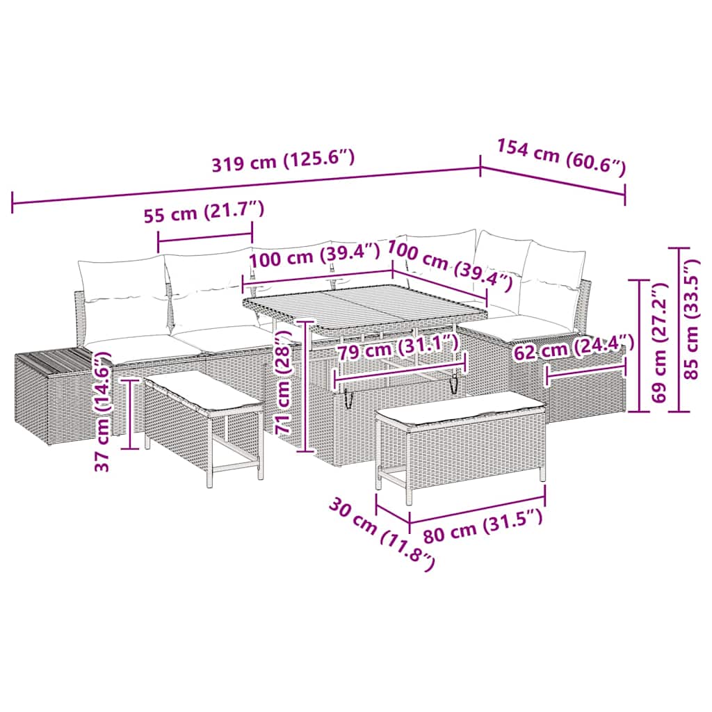 Set Divano da Giardino con cuscino 9 pcs Grigio Poly Rattan - homemem39