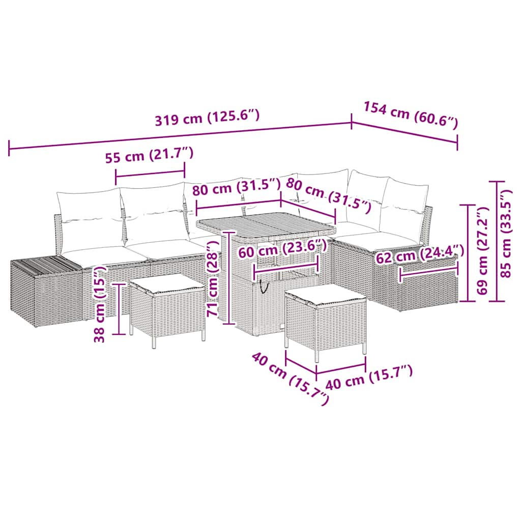 Set Divano da Giardino con cuscino 9 pcs Nero Poly Rattan - homemem39