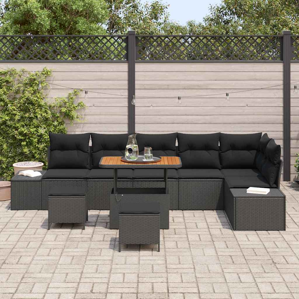 Set Divano da Giardino con cuscino 9 pcs Nero Poly Rattan - homemem39