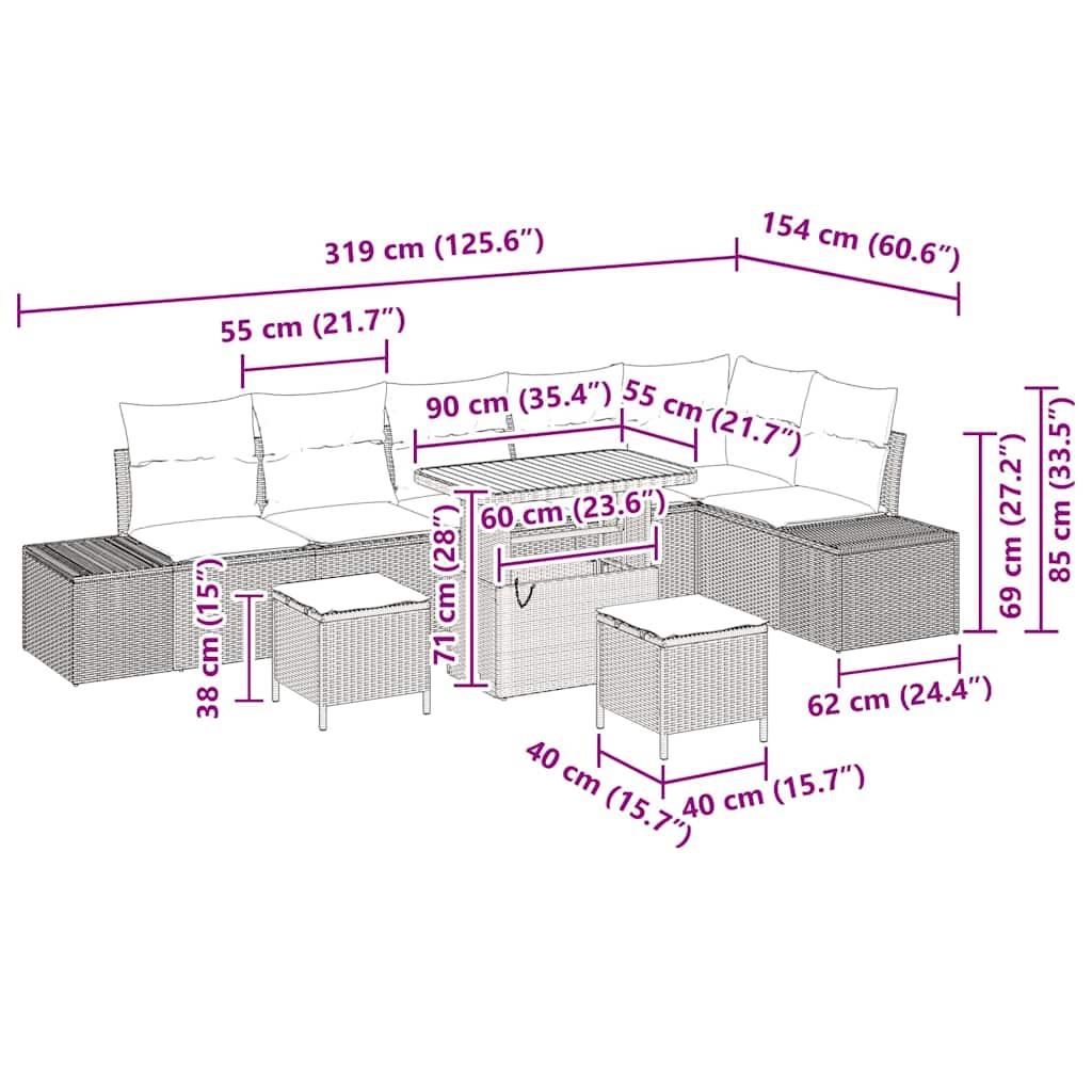 Set Divano da Giardino con cuscino 9 pcs Beige polyrattan | homemem39