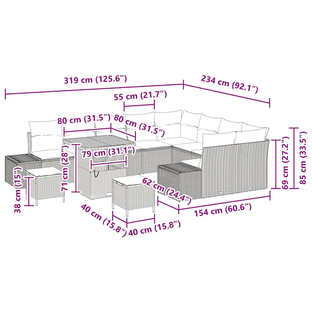 Set Divano da Giardino con cuscino 12 pcs Grigio polyrattan | homemem39