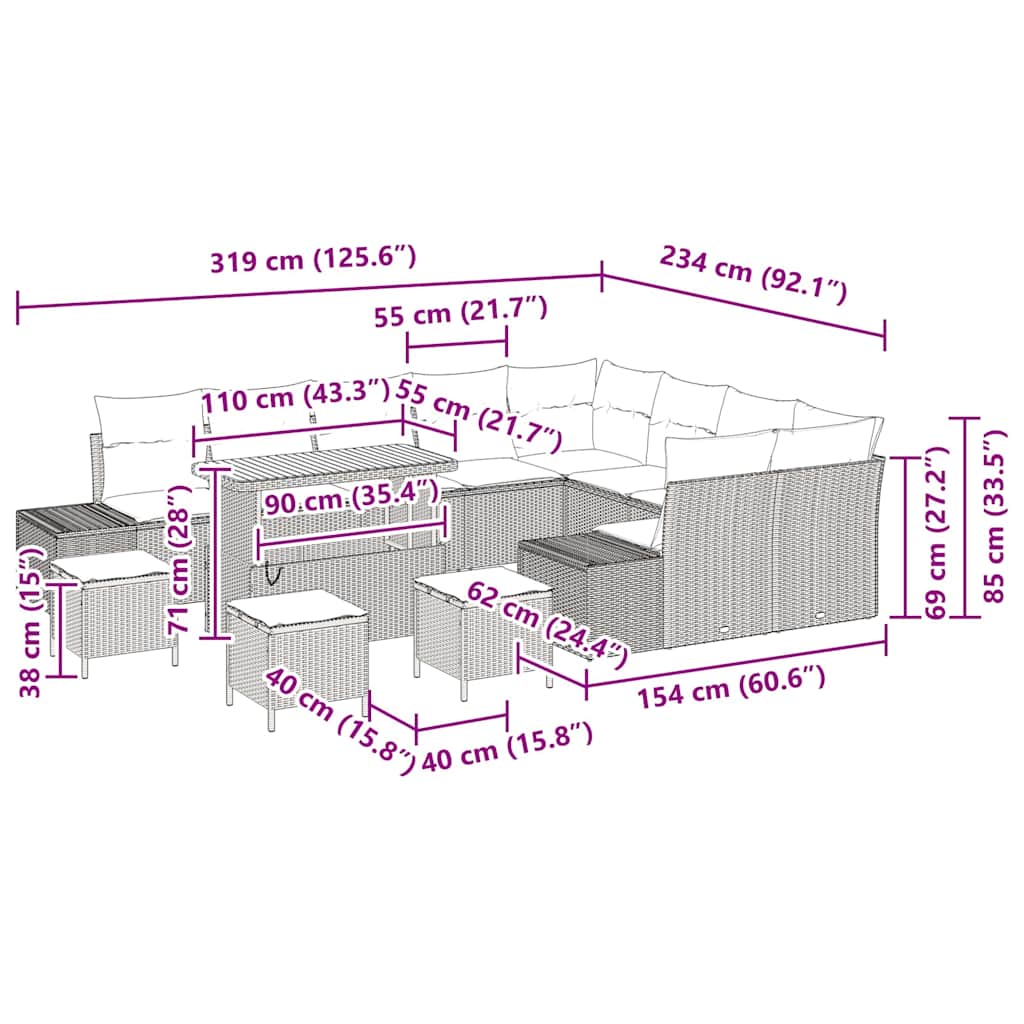 Set Divano da Giardino con cuscino 13 pcs Nero polyrattan | homemem39