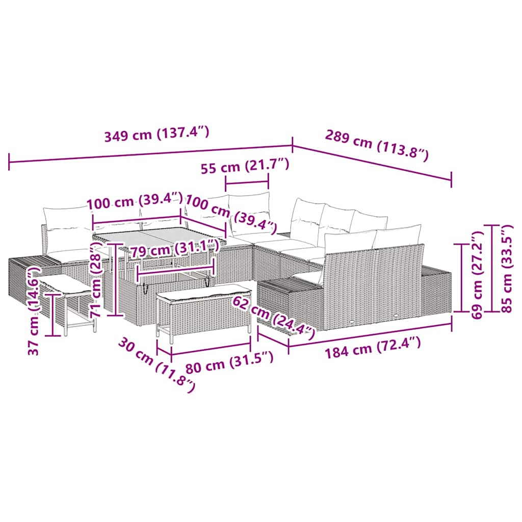 Set Divano da Giardino con cuscino 13 pcs Beige Poly Rattan - homemem39