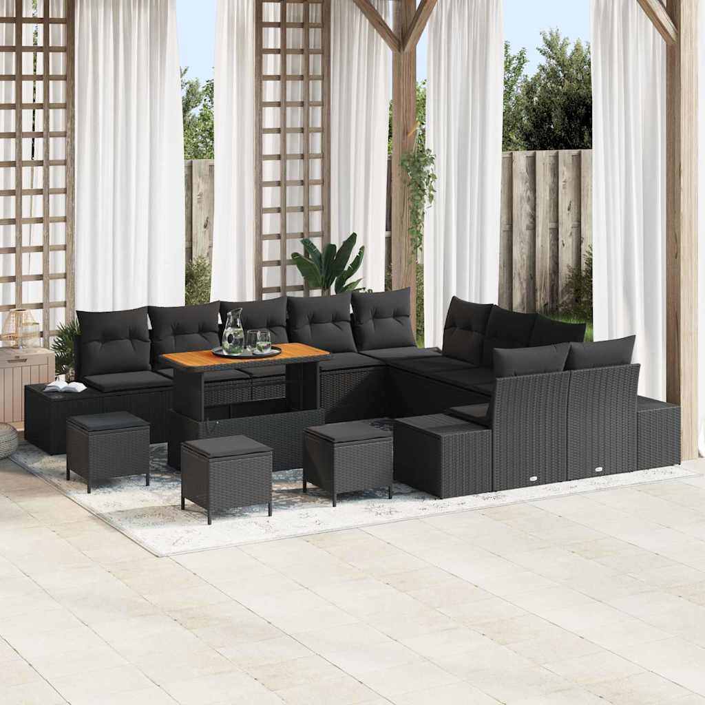 Set Divano da Giardino con cuscino 14 pcs Nero Poly Rattan - homemem39