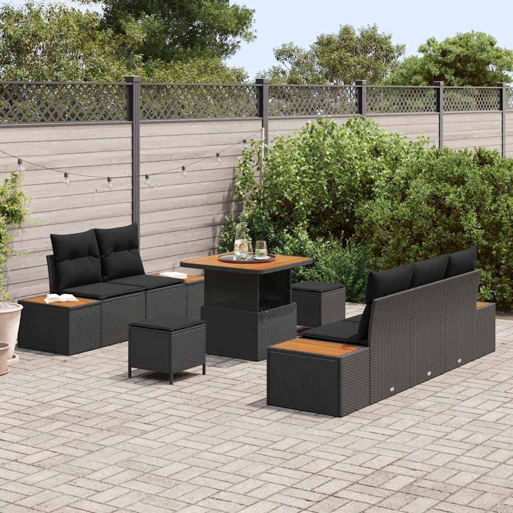 Set Divano da Giardino con cuscino 8 pcs Nero Poly Rattan