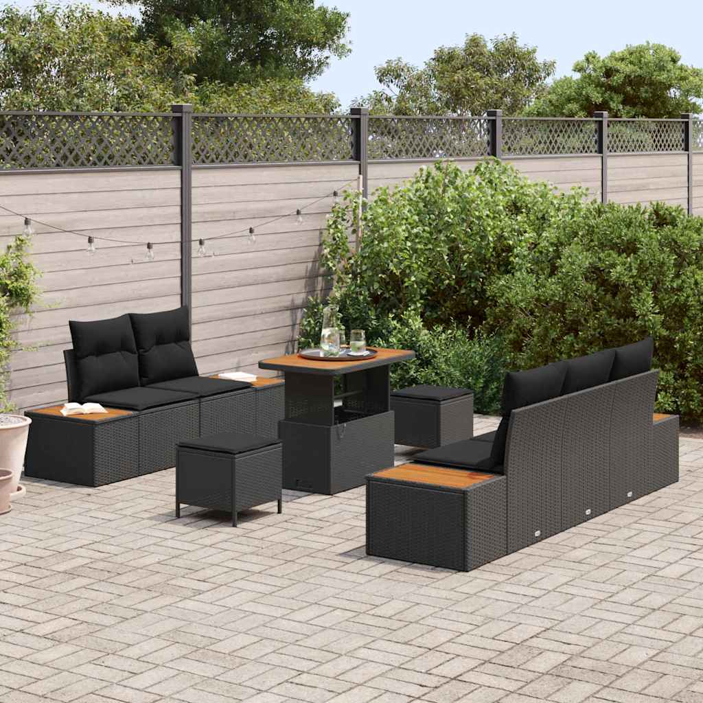 Set Divano da Giardino con cuscino 8 pcs Nero Poly Rattan