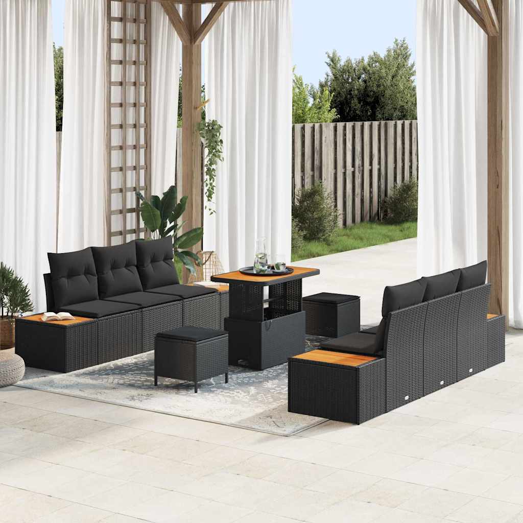 Set Divano da Giardino con cuscino 9 pcs Nero Poly Rattan