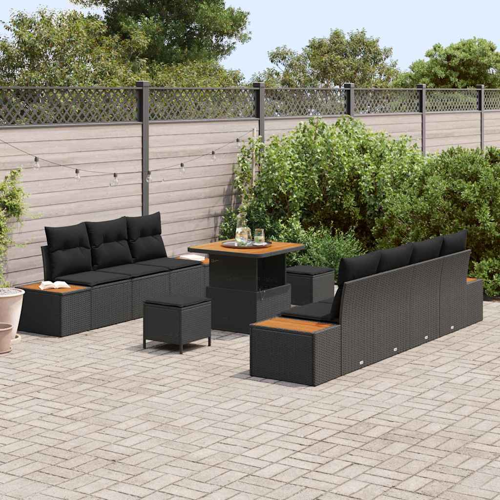 Set Divano da Giardino con cuscino 10 pcs Nero Poly Rattan