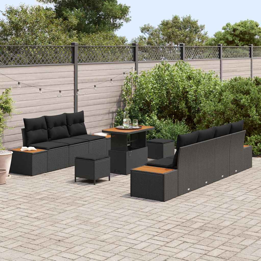 Set Divano da Giardino con cuscino 10 pcs Nero Poly Rattan