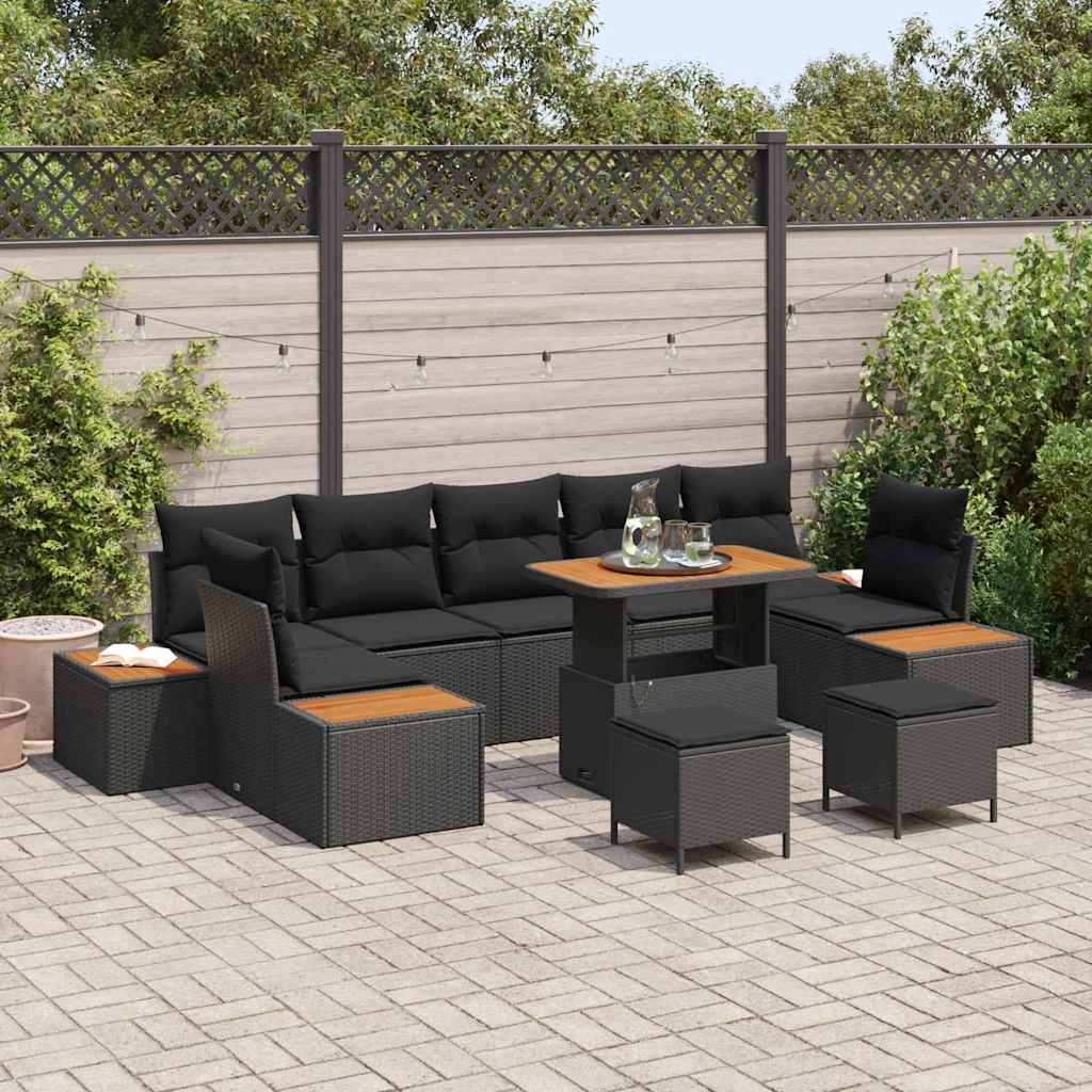 Set Divano da Giardino con cuscino 10 pcs Nero Poly Rattan