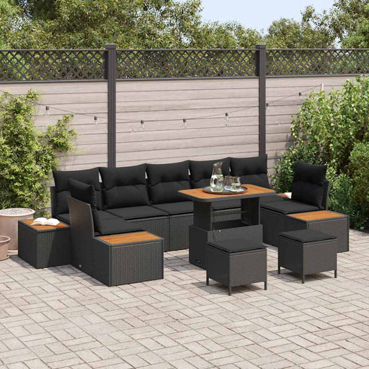 Set Divano da Giardino con cuscino 10 pcs Nero Poly Rattan