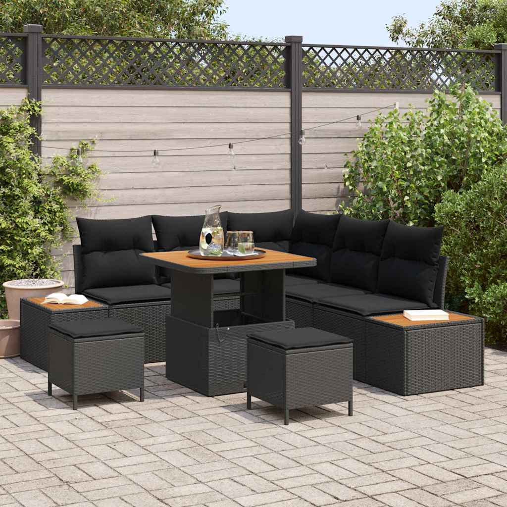 Set Divano da Giardino con cuscino 8 pcs Nero Poly Rattan