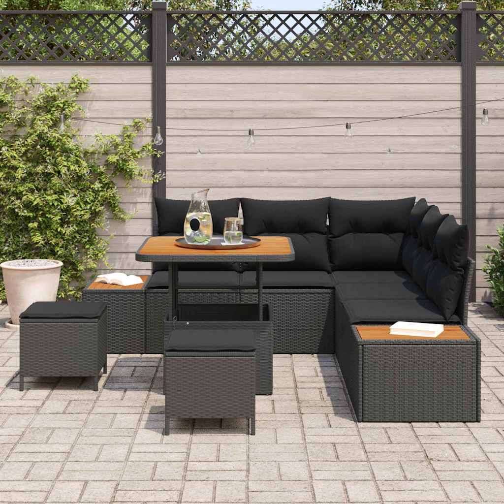 Set Divano da Giardino con cuscino 8 pcs Nero Poly Rattan