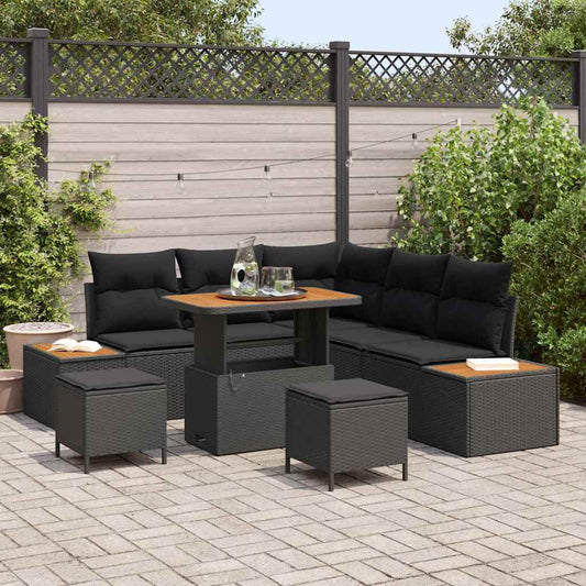 Set Divano da Giardino con cuscino 8 pcs Nero Poly Rattan