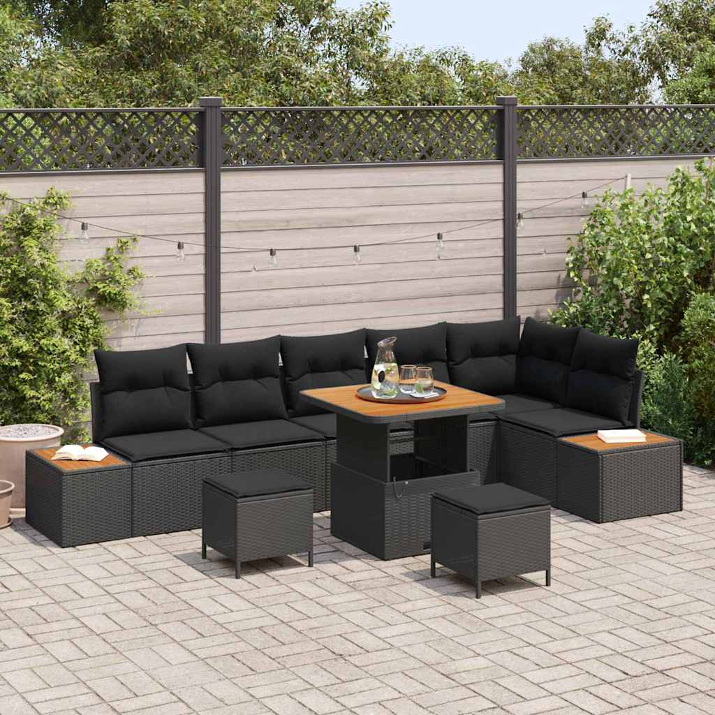 Set Divano da Giardino con cuscino 9 pcs Nero Poly Rattan