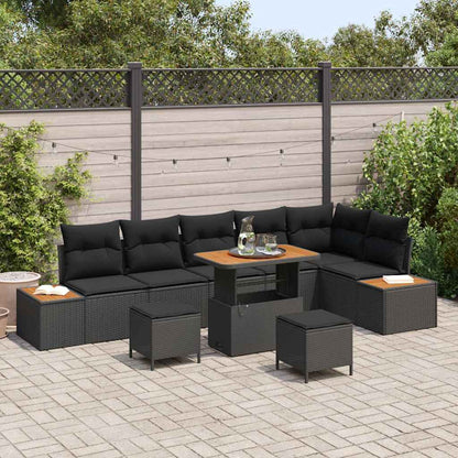 Set Divano da Giardino con cuscino 9 pcs Nero Poly Rattan