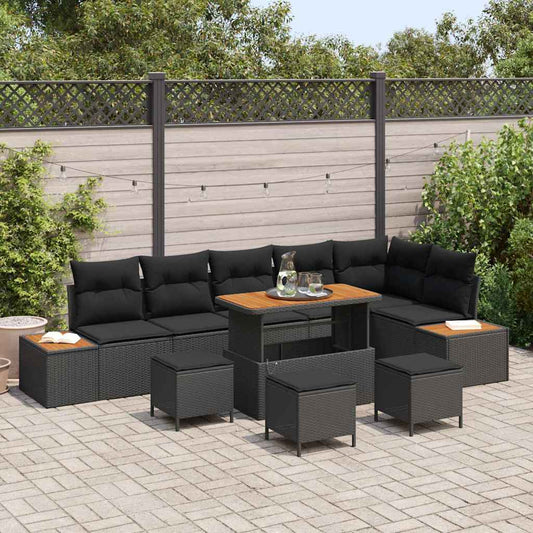 Set Divano da Giardino con cuscino 10 pcs Nero Poly Rattan