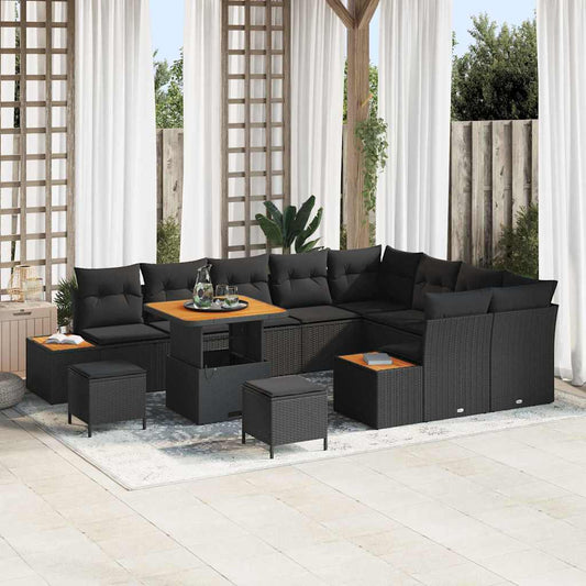 Set Divano da Giardino con cuscino 12 pcs Nero Poly Rattan