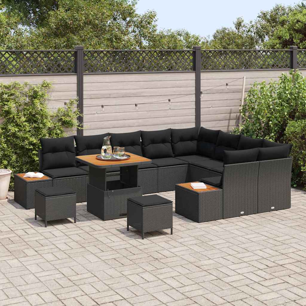 Set Divano da Giardino con cuscino 12 pcs Nero Poly Rattan