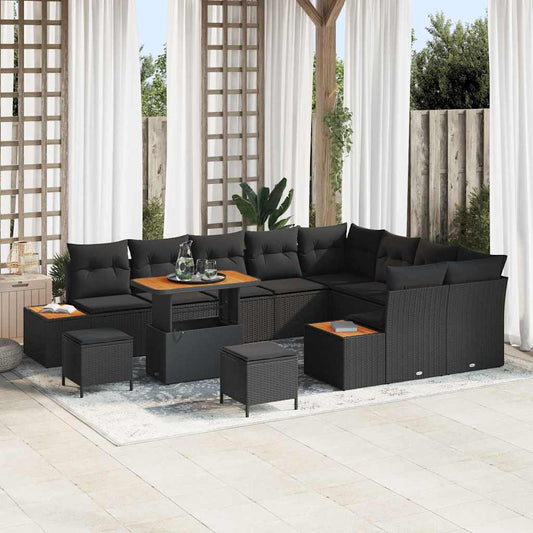 Set Divano da Giardino con cuscino 12 pcs Nero Poly Rattan