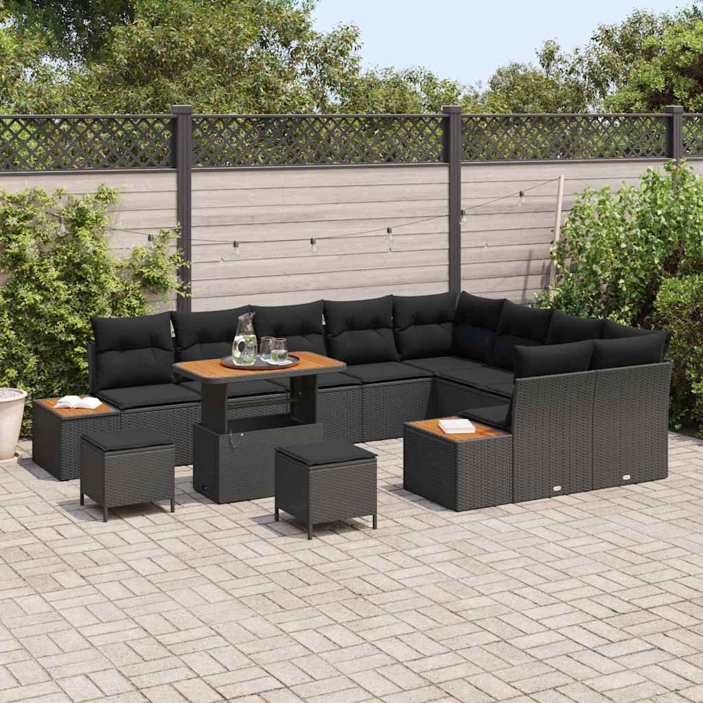 Set Divano da Giardino con cuscino 12 pcs Nero Poly Rattan