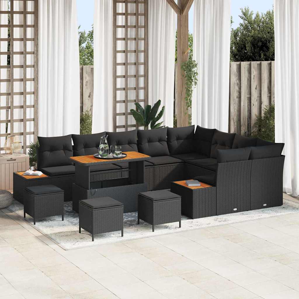 Set Divano da Giardino con cuscino 13 pcs Nero Poly Rattan