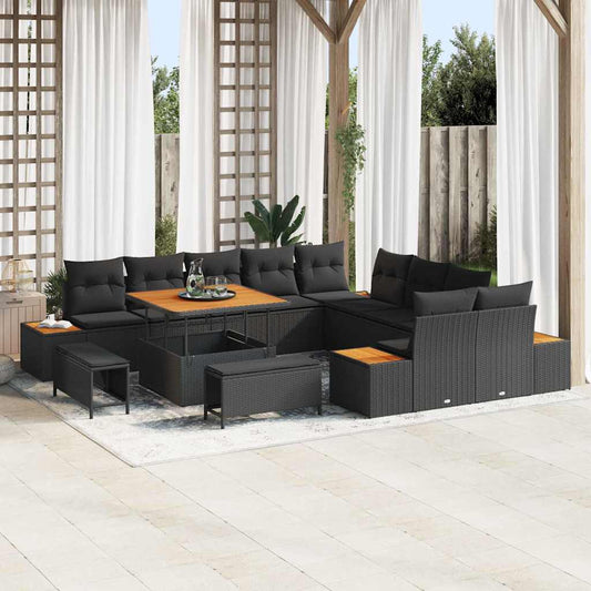 Set Divano da Giardino con cuscino 13 pcs Nero Poly Rattan