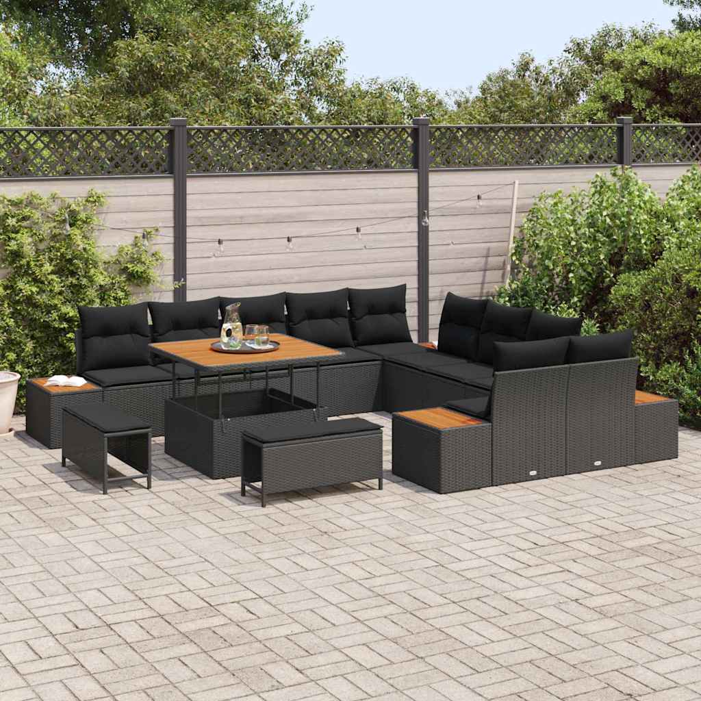 Set Divano da Giardino con cuscino 13 pcs Nero Poly Rattan