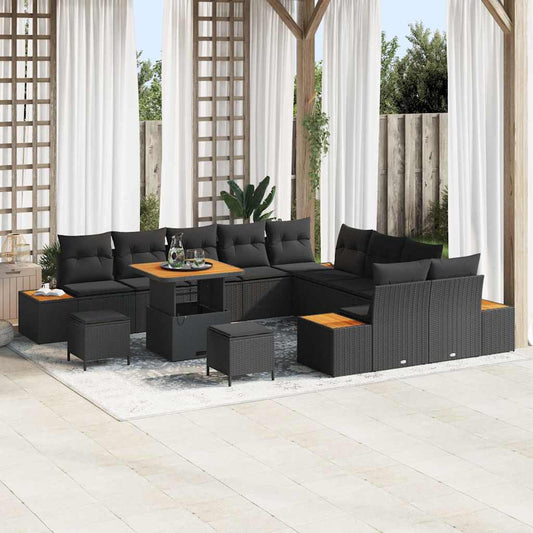 Set Divano da Giardino con cuscino 13 pcs Nero Poly Rattan