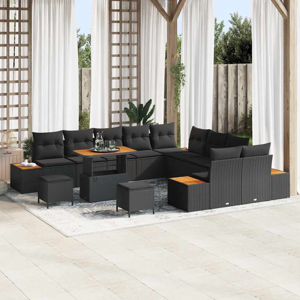 Set Divano da Giardino con cuscino 13 pcs Nero Poly Rattan