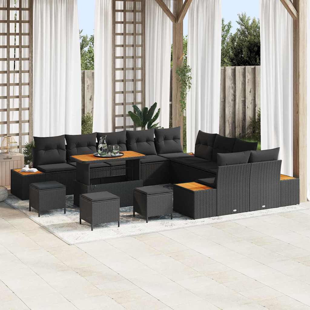 Set Divano da Giardino con cuscino 14 pcs Nero Poly Rattan