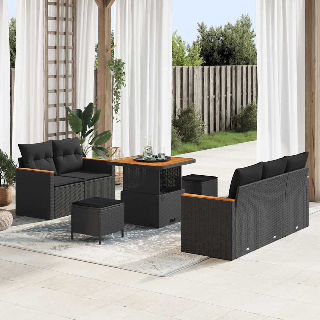 Set Divano da Giardino con cuscino 8 pcs Nero Poly Rattan