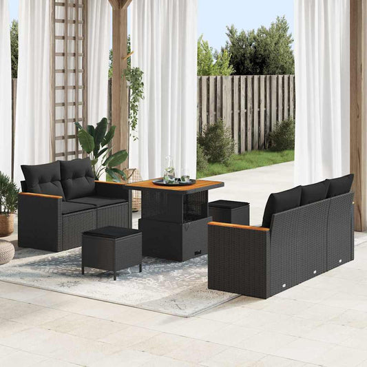Set Divano da Giardino con cuscino 8 pcs Nero Poly Rattan