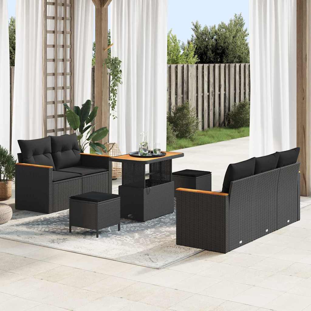 Set Divano da Giardino con cuscino 8 pcs Nero Poly Rattan
