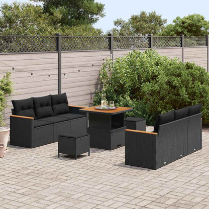 Set Divano da Giardino con cuscino 9 pcs Nero Poly Rattan