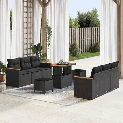 Set Divano da Giardino con cuscino 9 pcs Nero Poly Rattan