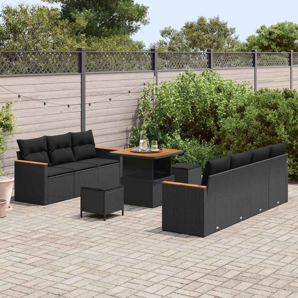Set Divano da Giardino con cuscino 10 pcs Nero Poly Rattan