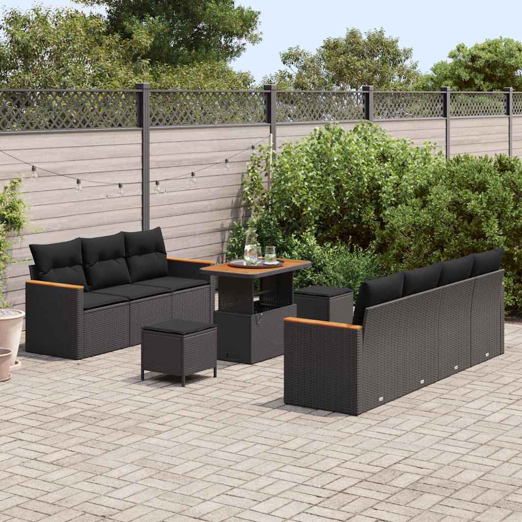 Set Divano da Giardino con cuscino 10 pcs Nero Poly Rattan