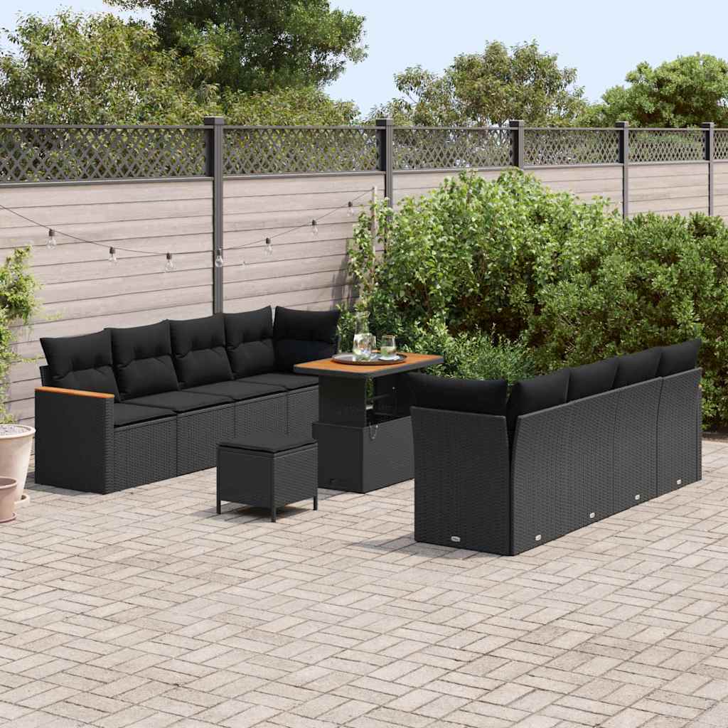 Set Divano da Giardino con cuscino 11 pcs Nero Poly Rattan