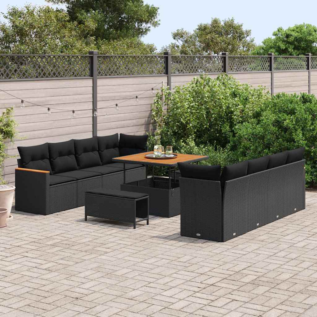Set Divano da Giardino con cuscino 11 pcs Nero Poly Rattan