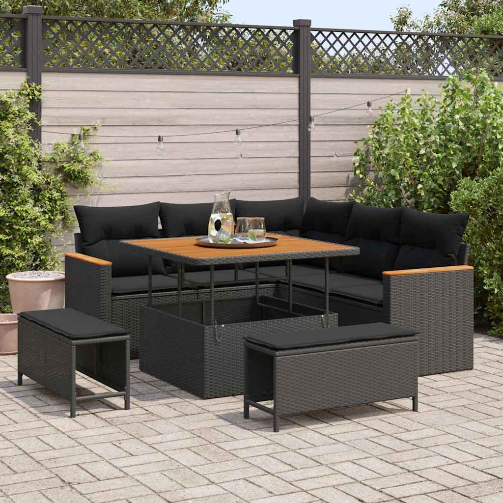 Set Divano da Giardino con cuscino 8 pcs Nero Poly Rattan