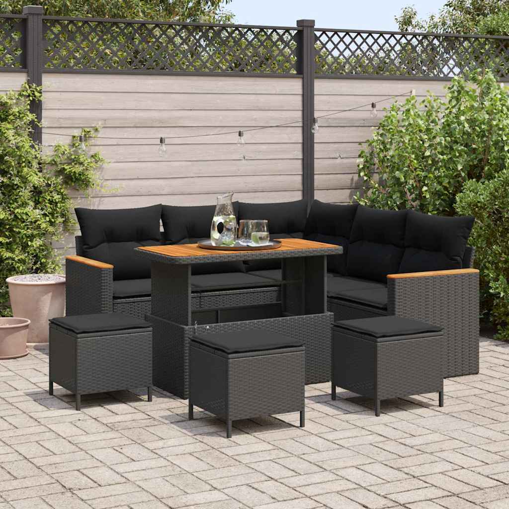Set Divano da Giardino con cuscino 9 pcs Nero Poly Rattan