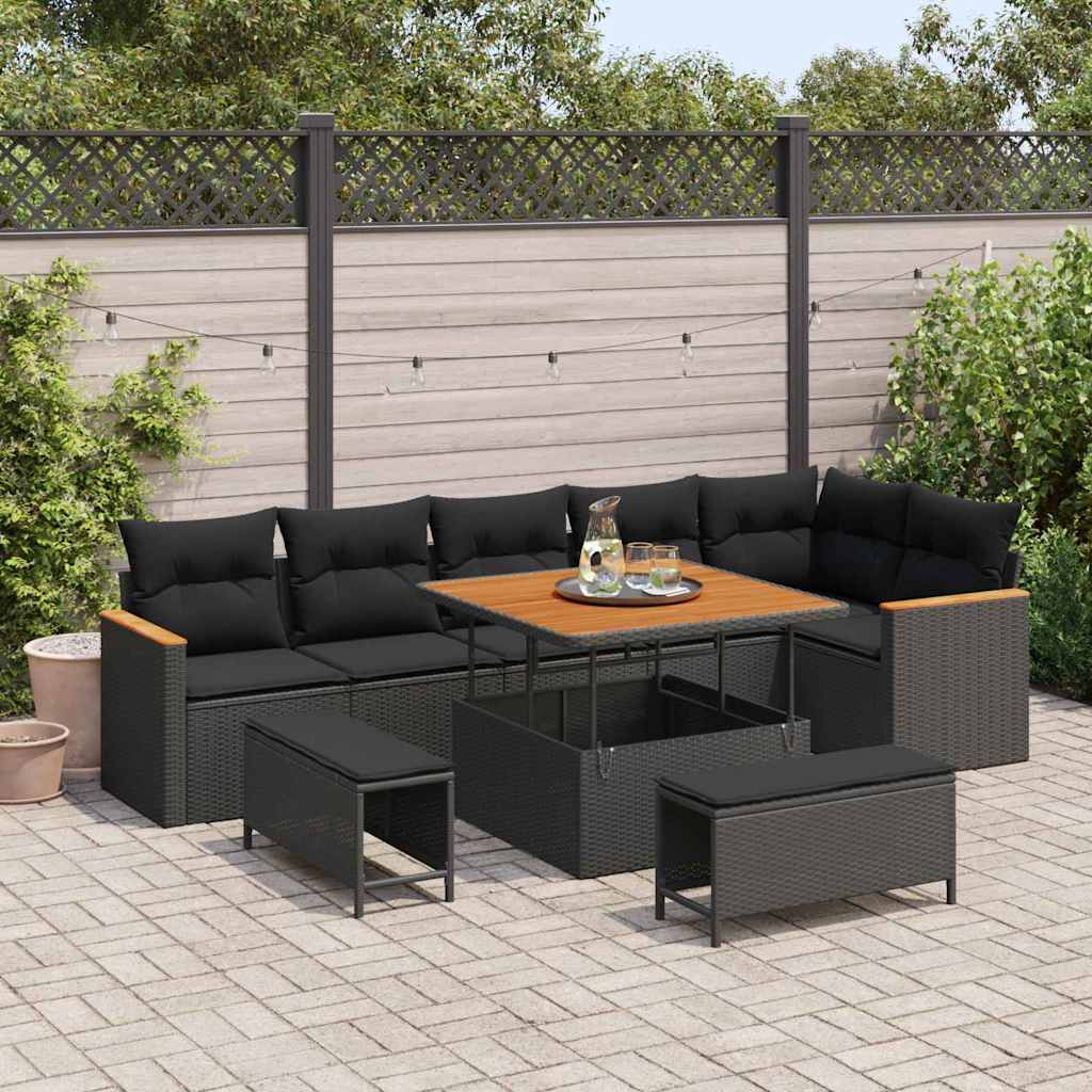 Set Divano da Giardino con cuscino 9 pcs Nero Poly Rattan
