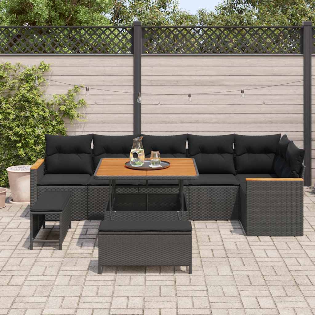 Set Divano da Giardino con cuscino 9 pcs Nero Poly Rattan